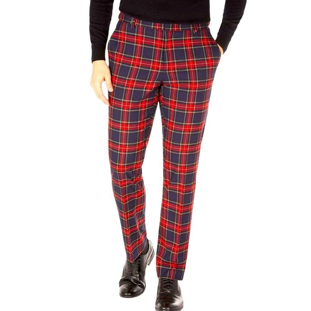TOMMY HILFIGER Navy Red Plaid Check Flat Front THFlex Pants Size 36 New MSRP $95